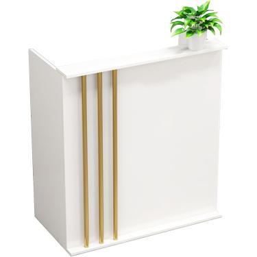 Imagem de Mesa de recepção pequena, balcão de recepção branco com gavetas bloqueáveis, balcão de varejo moderno, mesa, loja de conveniência, loja de roupas, barbearia, hotel, branco, sem armários