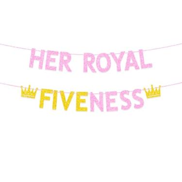 Imagem de Decorações de festa de aniversário de 5 anos de princesa para meninas, faixa de glitter ouro rosa Her Royal Fiveness, tema de princesa, 5 anos, artigos de decoração de festa de aniversário