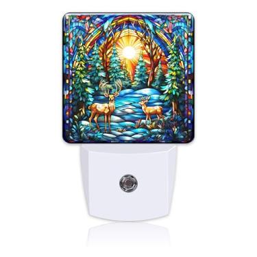 Imagem de Uiaoiais Luzes Noturnas De Natal Com Vitrais E Veados, Luz Noturna Sensor Anoitecer Ao Amanhecer, Para Decoração Quarto Crianças, Meninos Meninas, Corredor, Cozinha, Banheiro, Berçário Escadas