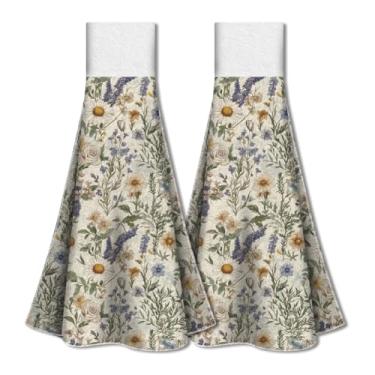 Imagem de WADORN Conjunto de 2 toalhas para pendurar na cozinha flores silvestres primavera flores com gancho de laço absorvente toalha de prato toalha de chá 31,5 x 34,3 cm para cozinha, lavanderia, banheiro