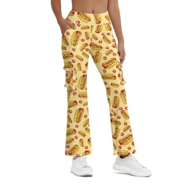 Imagem de Balicaton Calça feminina de ioga elástica com boca de sino elástica casual com bolsos, Cachorro-quente, XG