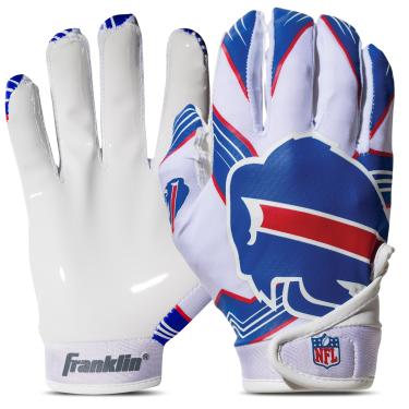 Imagem de Franklin Sports Buffalo Bills – Luvas receptoras de futebol americano NFL – Luvas receptoras para crianças – logotipos da equipe NFL e palma de silicone – Par juvenil P/PP
