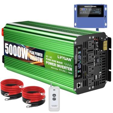 Imagem de LVYUAN Inversor De Energia De Onda Senoidal Pura De 5000 Watts Para Serviço Pesado 10000 (Pico) 12 V Dc Para 110 V/120 V Ac Com 4 Soquetes, Display Lcd, Controle Remoto E Porta Usb Para Casa, Traile