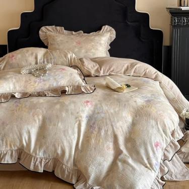 Imagem de mixinni Conjunto de capa de edredom floral vintage - Roupa de cama de camada dupla 100% algodão com renda com babados, tamanho king size 3 peças (1 capa de edredom + 2 fronhas), estética cottagecore