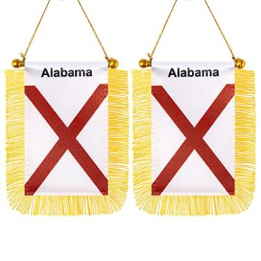Imagem de CANTENDO Pacote com 2 bandeiras americanas do Alabama para pendurar na janela, mini bandeira de carro do estado do Alabama dos EUA com haste borla ventosa decoração de espelho retrovisor (7 x 12 cm)