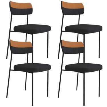 Imagem de Kit 04 Cadeiras Decorativas Estofada Sala Melina F01 Linho Grafite Couríssimo Caramelo - Lyam Decor