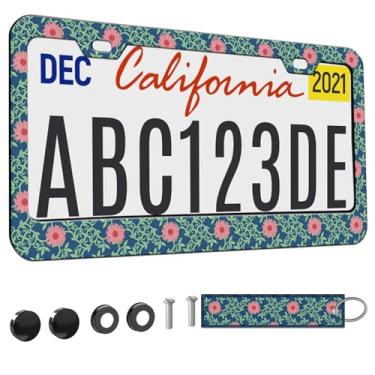 Imagem de 1 peça de moldura de placa de licença floral azul margarida rosa para mulheres, margaridas flores carro moldura decorativa feminino, folhas verdes suporte de placa de licença para veículo com etiqueta