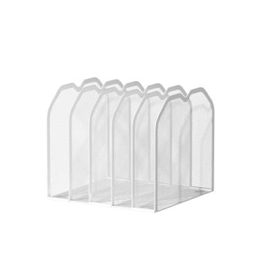 Imagem de FANXIYQ Organizador de pasta de arquivos branco com 5 seções para mesa – Suporte vertical de metal de 21 x 23 cm, organizador vertical de arquivos de mesa, classificador vertical de carta/A4