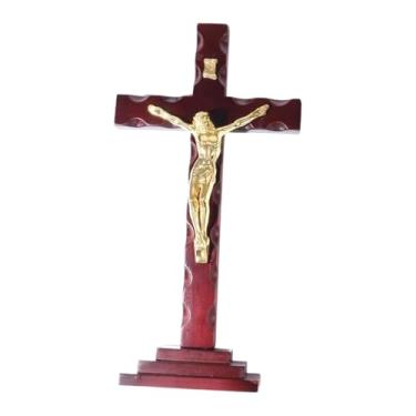 Imagem de Ｂｅｓｇａ Enfeite de cruz de crucifixo de parede de madeira, pingente religioso exclusivo de escultura de Jesus pendurado, para entrada, Natal, sala de estar, Jesus Dourado 34x17.5cm