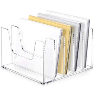 Imagem de LIANGMIDA Suporte de arquivo de revista de acrílico transparente, espaço de trabalho, 5 seções, estante de livros, papel vertical, cadernos, envelopes, organizador de correio, organizador para mesa