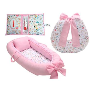 Imagem de Kit Bebê 3 Peças, Almofada de Amamentação, Ninho Redutor de Berço, Porta Fralda, Rosa para Menina (Arco Iris)