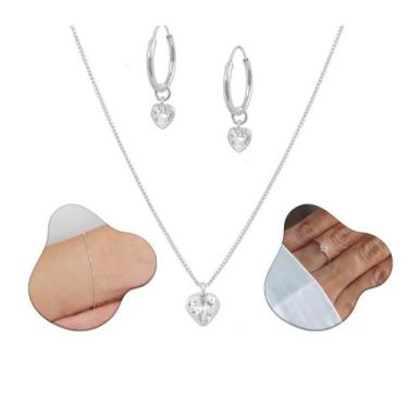 Imagem de Cordão E Pulseira Feminina Ponto Luz Coração + Brincos Argola E Anel S