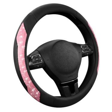 Imagem de PIC AUTO Capa de volante, rosa choque brilhante cristal brilhante glitter com couro, ajuste universal 37-39,4 cm volantes de carro para meninas e mulheres, capa antiderrapante para carros, caminhões