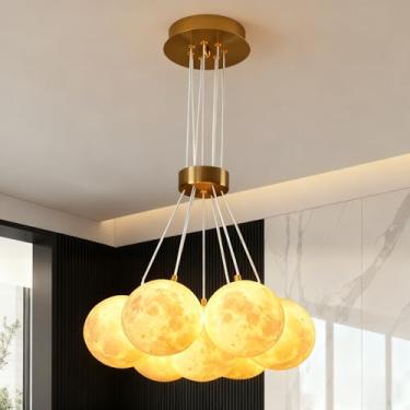 Imagem de Luminária de Teto - Lustre Moderno com Design Lunar 3D, 7 Globos LED 49W, 3 Cores Ajustáveis (3000K/4000K/6000K), Compatível 127-220V, Ideal para Quarto, Sala de Jantar e Decoração Contemporânea