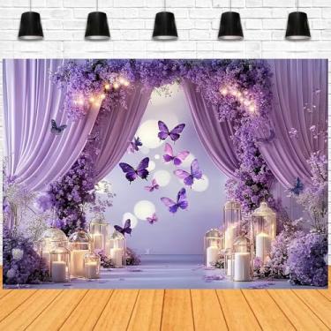 Imagem de Elegante pano de fundo de borboleta de parede de flores roxas para fotografia de casamento, casamento, aniversário de casamento, festa de bebê, festa de bebê, faixa para fotos (B, 2,1 x 1,5 m)