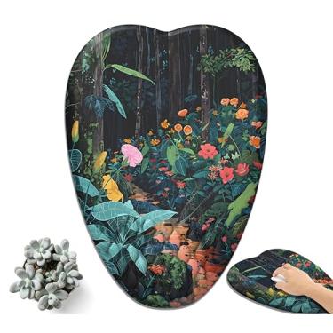 Imagem de Tapete de rato de arte estética floresta tropical com design em forma de coração, mouse pad ergonômico para jogos de plantas escuras com suporte de pulso, descanso de pulso, tecido de seda de leite e