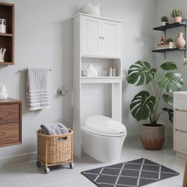Imagem de GORZING Armário de armazenamento sobre o vaso sanitário, organizador de banheiro atrás do vaso sanitário com prateleiras ajustáveis, organizadores de vaso sanitário acima com porta de celeiro