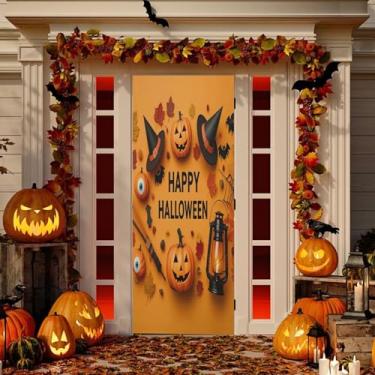 Imagem de Wassud Decoração de capa de porta de saudação de Halloween banner interno externo decoração de casa de varanda grande decoração de porta da frente 96 x 98 polegadas