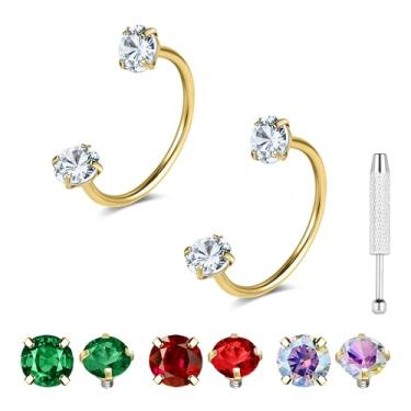 Imagem de G23 Anéis de nariz de titânio ferradura ouro prata 20 g anel de nariz de sapato de cavalo argolas de aço cirúrgico meia cartilagem tragus brinco argola rosca interna dupla zircônia cúbica nariz septo