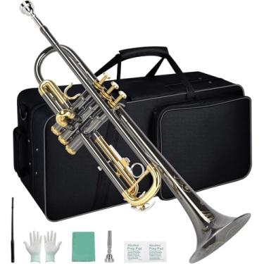 Imagem de VEDO Kit para iniciantes de trompete em Si bemol, instrumento de sopro de metal para estudantes, estojo rígido, ferramentas de limpeza, bocal 7C e luvas. (Preto e Dourado)