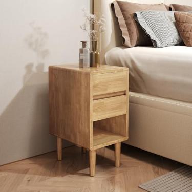 Imagem de Mesa de cabeceira com 2 gavetas com prateleira aberta, mesa de cabeceira estreita de madeira maciça, mesa de cabeceira moderna de meados do século, mesa de canto de madeira para quarto, sala de estar