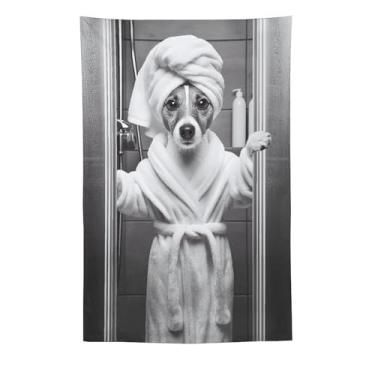 Imagem de Jack Russell Tapeçaria de Roupão Preto Branco Cena de Chuveiro Bonito Pet Arte Pendurada na Parede Decoração de Casa Caprichosa para Banheiro Sala de Estar Ambiente Brincalhão Tapeçaria 152 x 232 cm