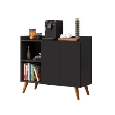 Imagem de Aparador buffet com duas portas e prateleiras, pés em madeira e prateleira de arrumação(preto)