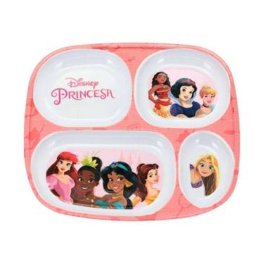 Imagem de Prato Refeição Infantil Princesas Disney 4 Divisórias Melamina Rosa - Tuut