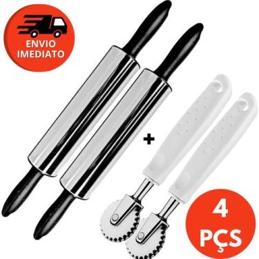 Imagem de Kit Rolo Abrir Massa Inox Cabo Plástico e Carretilha Cortador Massa Co