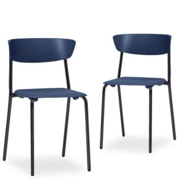 Imagem de Kit 02 Cadeiras Fixa Base Preta Empilhável Bit Azul Marinho - Lyam Dec
