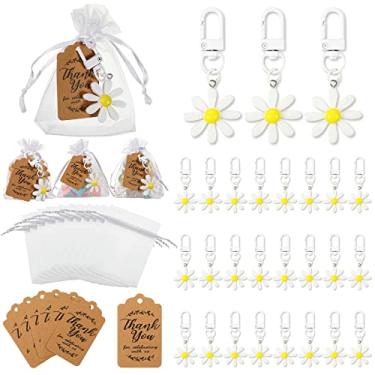 Imagem de 24 conjuntos de lembrancinhas de festa de girassol, lembrancinhas de festa de formatura, lembrancinhas de chá de noiva com chaveiro de benção de margarida, bolsa de cordão de organza para adultos, festa de verão, chá de bebê, presentes de devolução