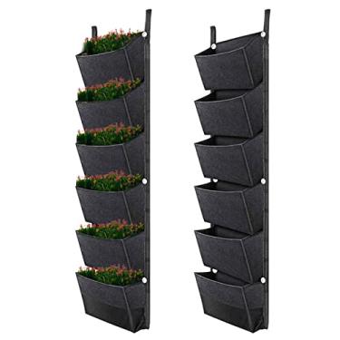 Imagem de Sacos de plantio pendurados com 6 bolsos Jardinagem vertical Vasos de flores Plantador Sacos de plantio de jardim na parede suspensa Sacos de cultivo de plantador de parede respirável 42 x 12
