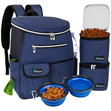 Imagem de Mochila de viagem para cães PetAmi | Organizador de mochila com dispensador de cocô, bolso multifuncional, bolsa de recipiente de alimentos, tigela dobrável | Conjunto de viagem perfeito para cães e gatos (azul-marinho)