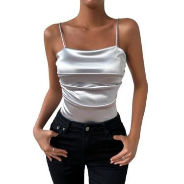 Imagem de BEAUDRM Camiseta regata feminina franzida com alças finas para festa, sem mangas, caimento justo, Prata, G