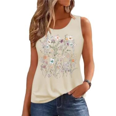 Imagem de Camiseta regata feminina de verão, sem mangas, estampa de flores vintage, boêmio, cottagecore flores silvestres, C - bege, XXG