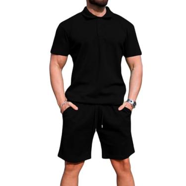 Imagem de Uni Clau Conjunto masculino de 2 peças, camisa polo de verão e shorts, conjunto de treino casual musculoso, Preto, GG