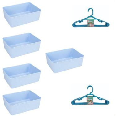 Imagem de Kit 5 Cestos Multiuso Decorativo e 10 Cabides Infantis Azul - 123 Orga