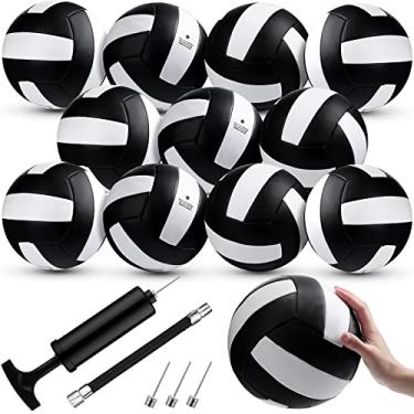 Imagem de Meooeck 12 bolas de vôlei tamanho oficial 5 bolas de vôlei recreativas com bomba macia para uso interno e externo, bolas de vôlei pretas e brancas, à prova d'água, para iniciantes, academia, treinamento, praia, piscina