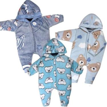 Imagem de Kit 3 Peças Macacão Bebe Inverno Microfibra Com Capuz Menino Menina - 