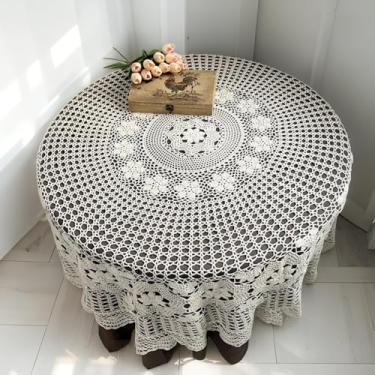 Imagem de USTIDE Toalha de mesa redonda de crochê à mão bege 178 cm de algodão | Capa de mesa rústica para casamento com design de renda floral, sobreposição decorativa feita à mão para jantar e cozinha