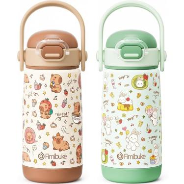 Imagem de Fimibuke Garrafa de água isolada infantil com tampa e alça de canudo - 400 ml livre de BPA 18/8 copo de metal de aço inoxidável à prova de vazamento de parede dupla copo infantil garrafa de água