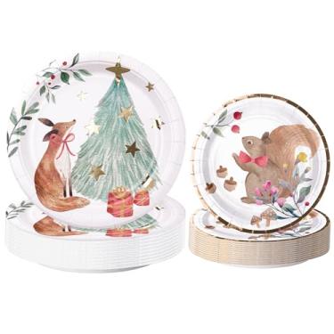 Imagem de WRAPAHOLIC 50 peças de pratos de papel de Natal - 18 e 23 cm de folha dourada pratos descartáveis de animais da floresta pratos decorativos de sobremesa para festa de Natal suprimentos de mesa