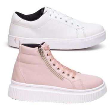 Imagem de Tênis Feminino Branco Casual + Botinha Rosa Um Mix De Estilo Estilo Skate, Balada.-Feminino