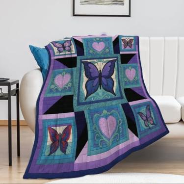 Imagem de YunTu Cobertor de colcha de borboleta com coração romântico – Cobertor de lã de retalhos roxo azul – Cobertor leve aconchegante para sofá, cama ou sofá – Presente inspirador para mulheres e meninas