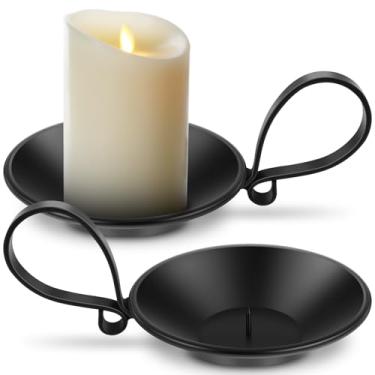 Imagem de DJAPWPX 2 peças de suporte de vela de coluna de ferro para decoração de mesa central, suporte de vela de pilar de base redonda, bandeja de vela decorativa com alça para sala de estar e restaurante