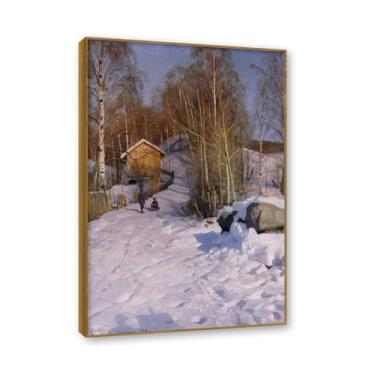 Imagem de Moldura externa de teca. Famosas pinturas a óleo (paisagem 17) por Peder Mork Monsted, reprodução impressa em tela, arte de cenário para decoração de sala de estar. 80 x 120 cm - 31,5 x 47,3 pol