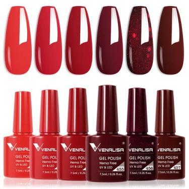 Imagem de Esmalte de unhas VENALISA 6 peças de gel vermelho bordô com glitter 7,