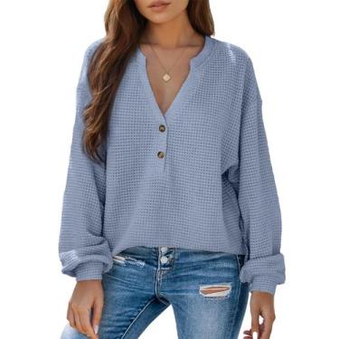 Imagem de Blusa feminina Dokotoo, manga comprida, decote em V, malha waffle, azu