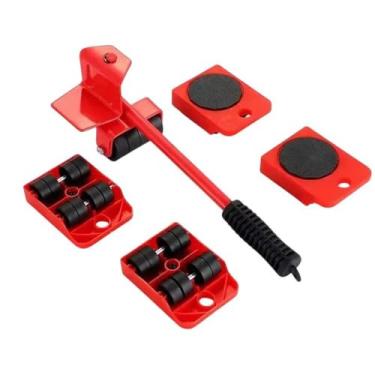 Imagem de Kit Levantador de Móveis, Vermelho, Metal e Plástico, 5 Peças com Alavanca 25cm e 4 Rodinhas, Suporta 150kg, para Movimentação de Cargas