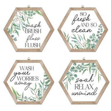Imagem de HOURIA 4 peças de arte de parede de madeira de folha de banheiro rústica (28 x 25 cm), placa de madeira com planta verde lave suas preocupações, decoração de parede com folhas botânicas de eucalipto